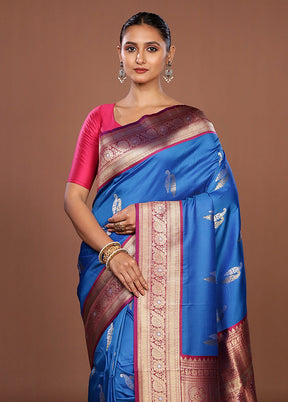 Blue Dupion Silk Saree With Blouse Piece