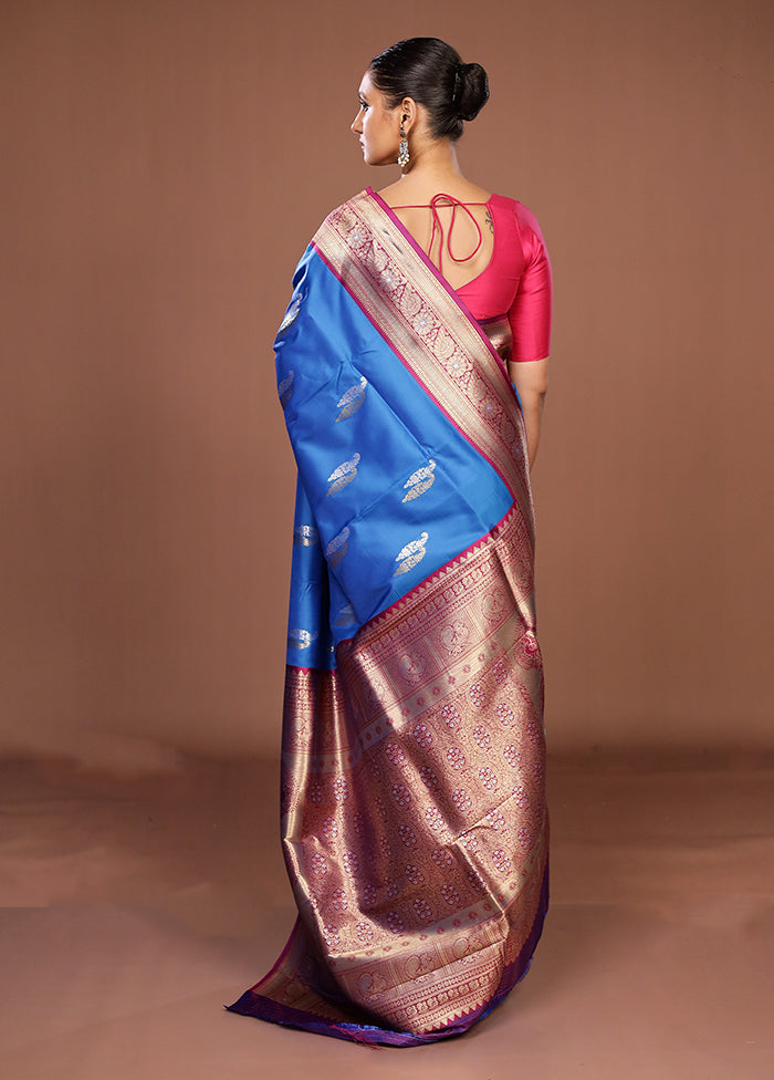 Blue Dupion Silk Saree With Blouse Piece