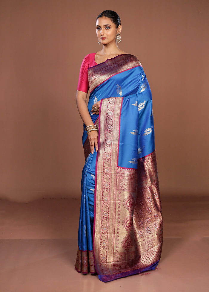 Blue Dupion Silk Saree With Blouse Piece