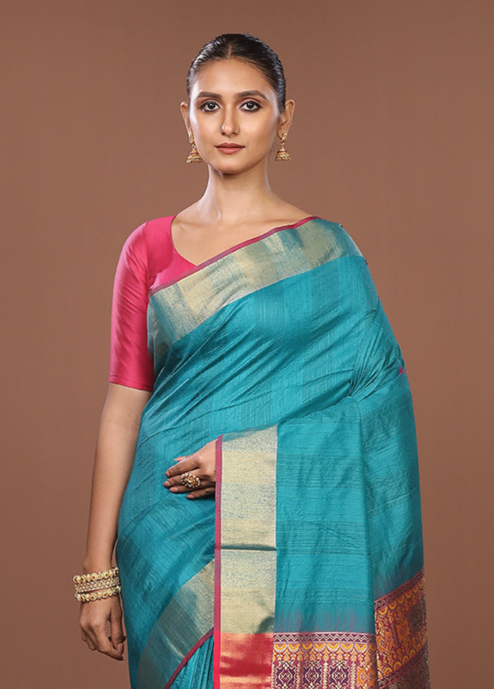 Green Dupion Silk Saree With Blouse Piece