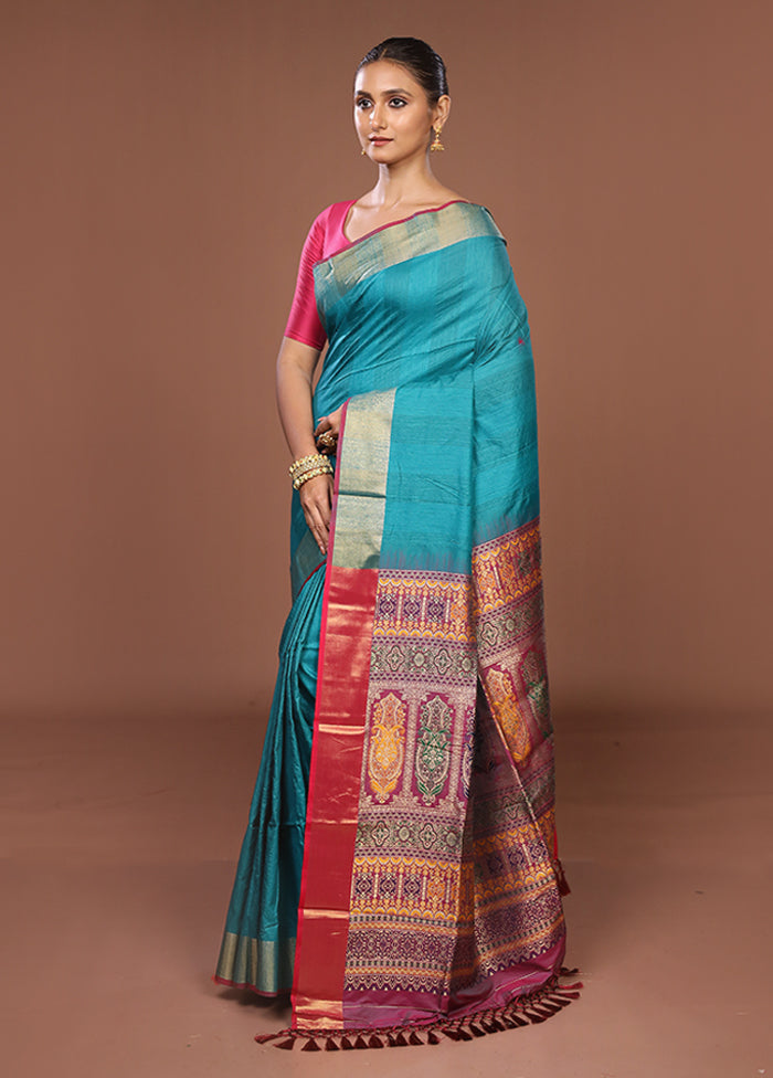 Green Dupion Silk Saree With Blouse Piece
