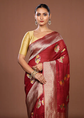 Maroon Dupion Silk Saree With Blouse Piece