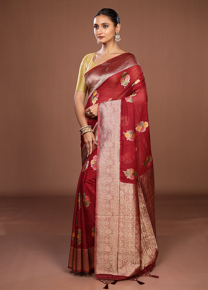 Maroon Dupion Silk Saree With Blouse Piece