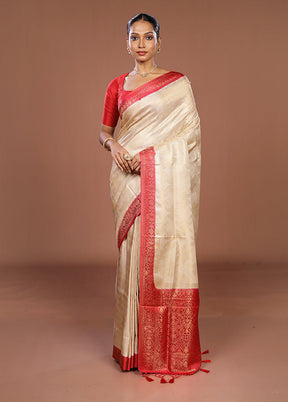 Cream Dupion Silk Saree With Blouse Piece
