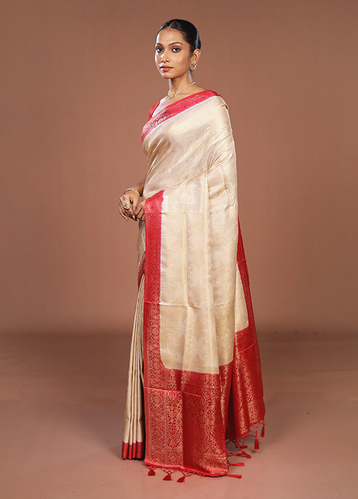 Cream Dupion Silk Saree With Blouse Piece