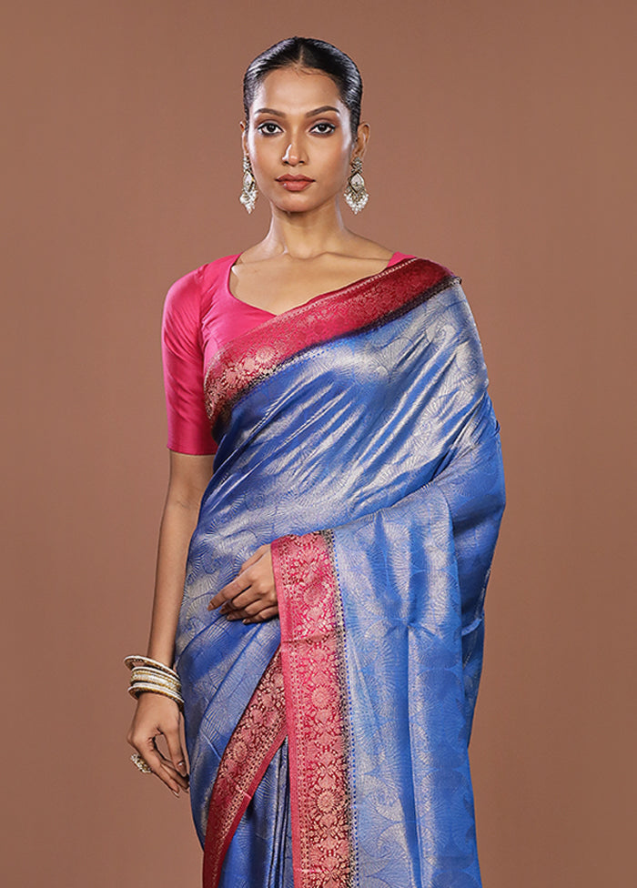 Blue Dupion Silk Saree With Blouse Piece