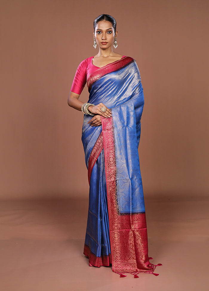Blue Dupion Silk Saree With Blouse Piece