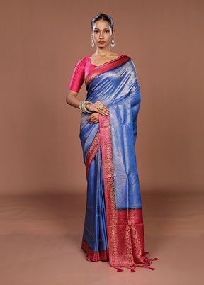 Blue Dupion Silk Saree With Blouse Piece
