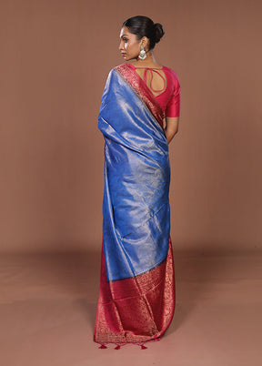 Blue Dupion Silk Saree With Blouse Piece