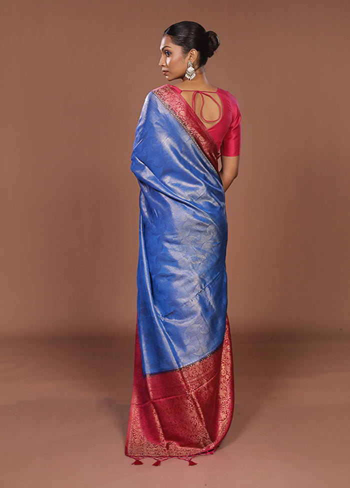 Blue Dupion Silk Saree With Blouse Piece