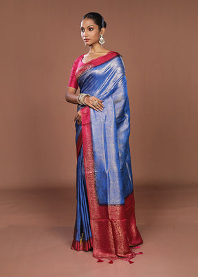 Blue Dupion Silk Saree With Blouse Piece