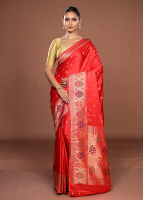 Red Dupion Silk Saree With Blouse Piece