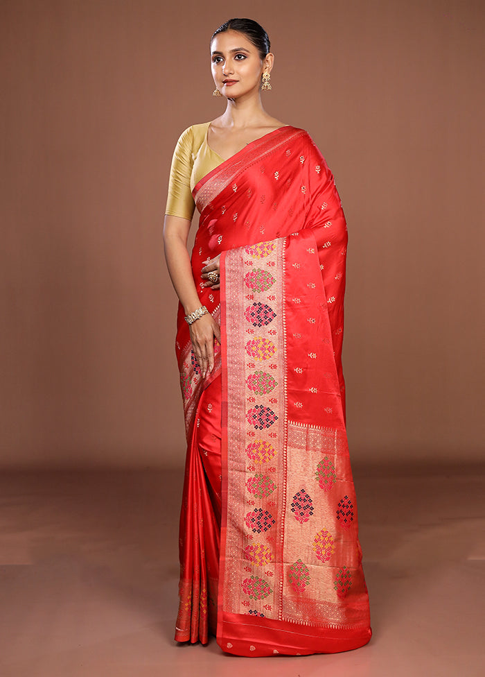Red Dupion Silk Saree With Blouse Piece