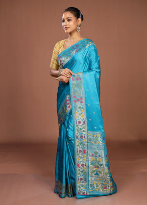 Blue Dupion Silk Saree With Blouse Piece