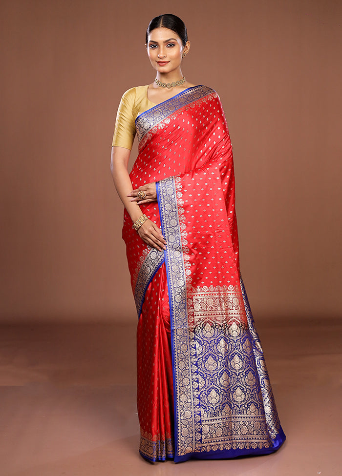 Red Handloom Banarasi Pure Silk Saree With Blouse Piece