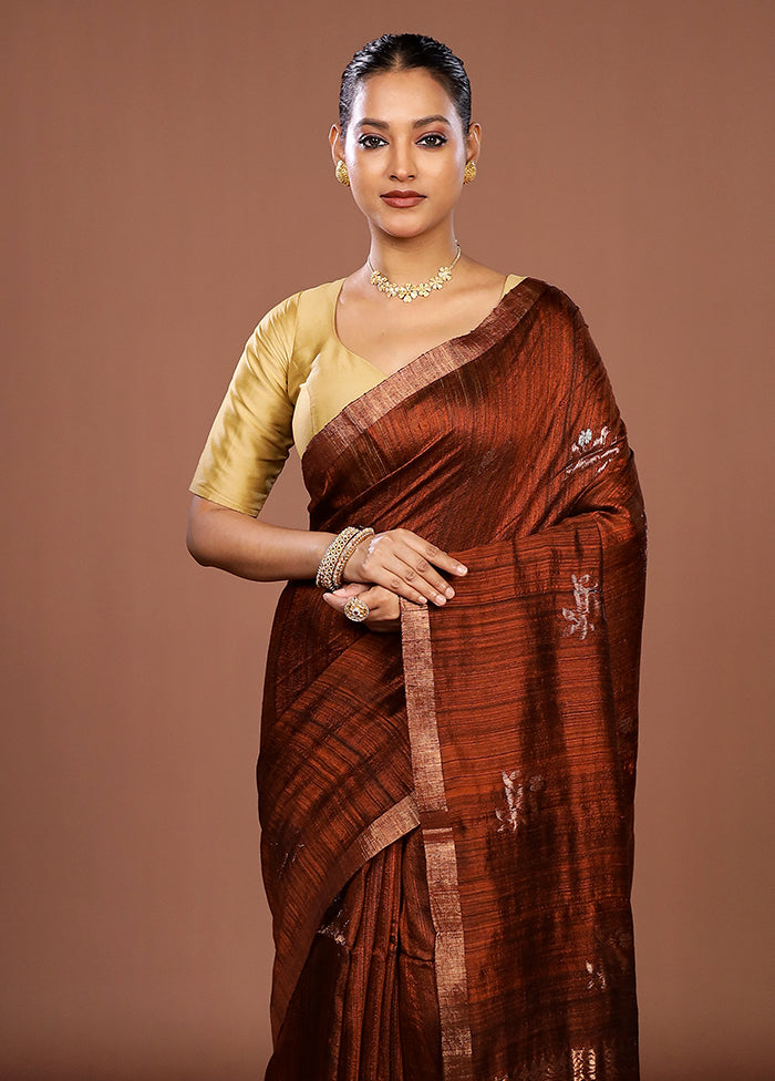 Brown Handloom Matka Pure Silk Saree With Blouse Piece