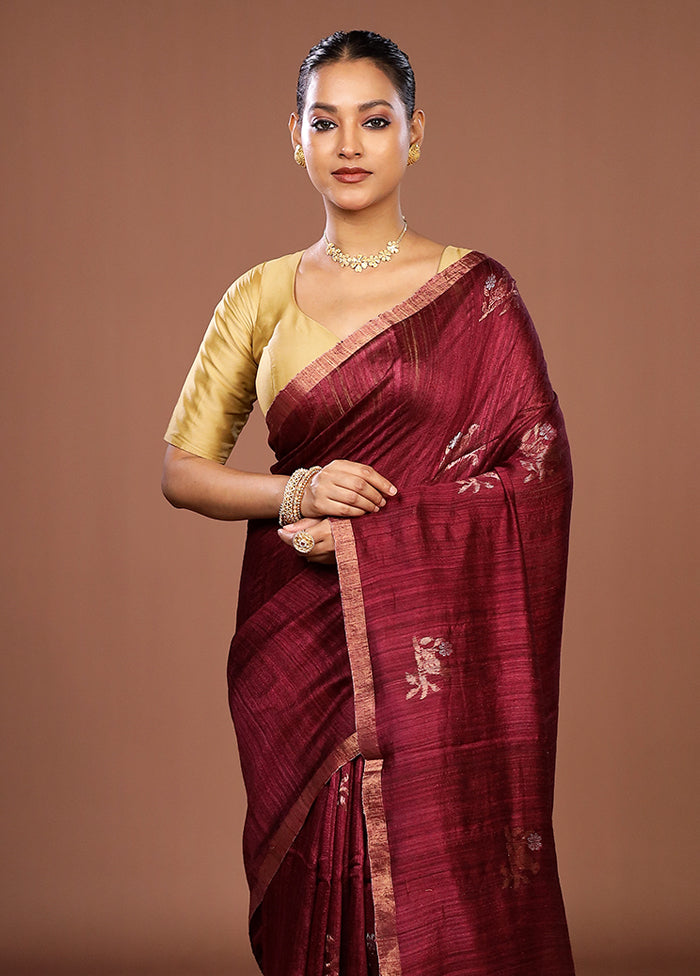 Maroon Handloom Matka Pure Silk Saree With Blouse Piece