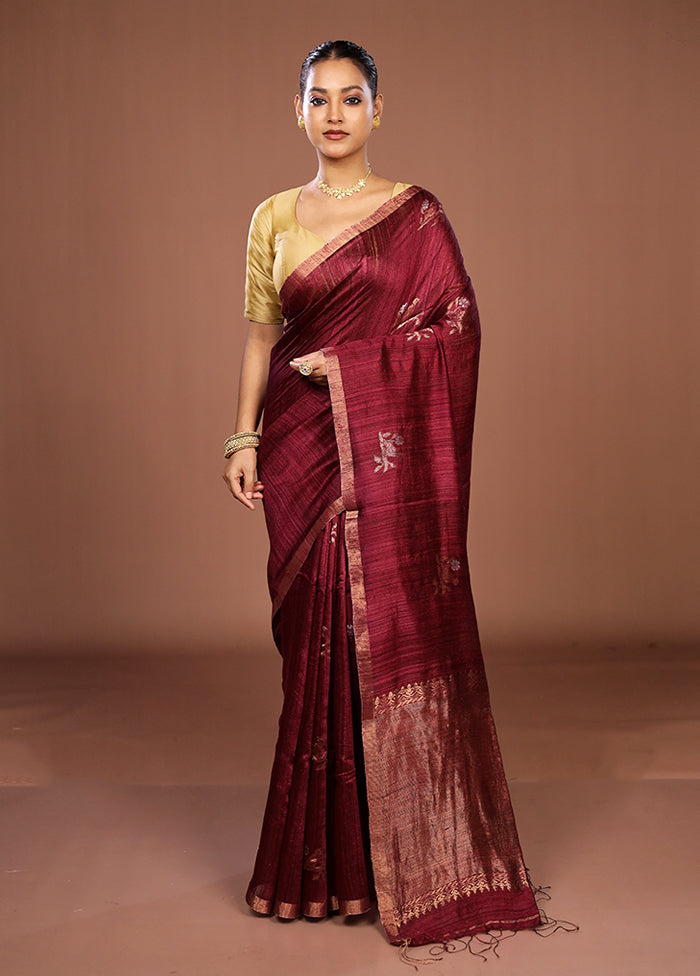 Maroon Handloom Matka Pure Silk Saree With Blouse Piece