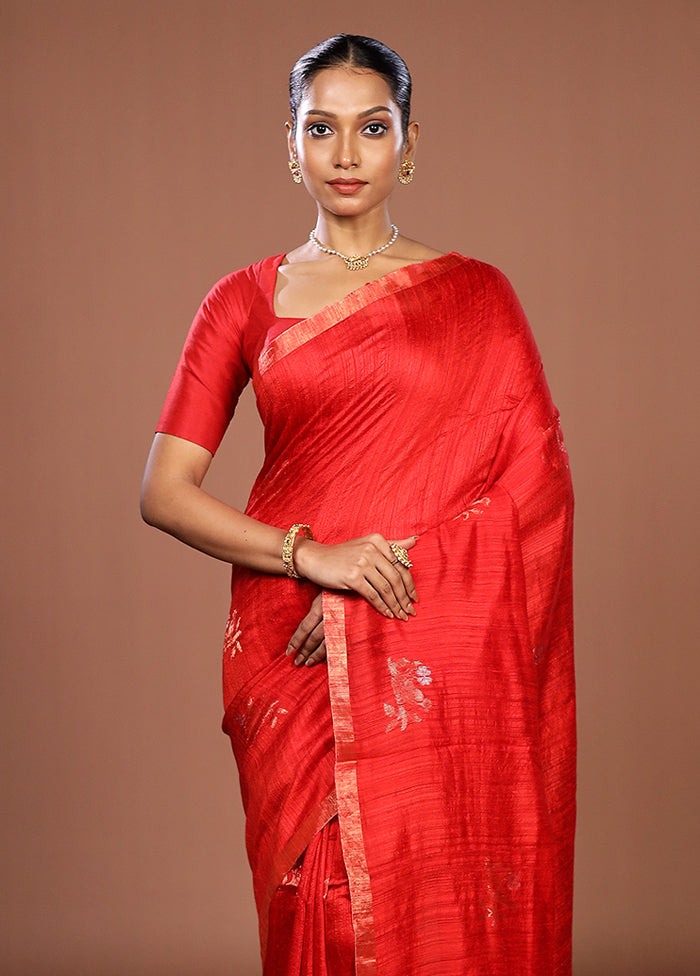 Red Handloom Matka Pure Silk Saree With Blouse Piece