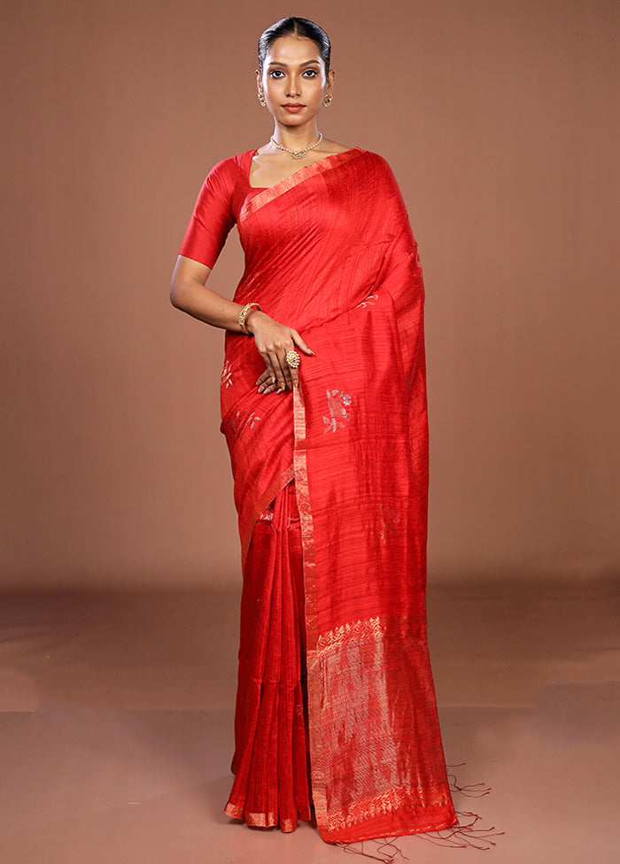 Red Handloom Matka Pure Silk Saree With Blouse Piece
