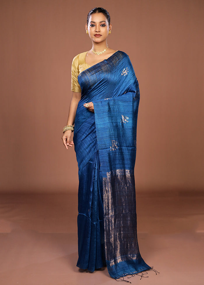 Blue Handloom Matka Pure Silk Saree With Blouse Piece