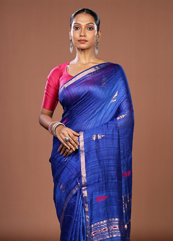 Blue Handloom Matka Pure Silk Saree With Blouse Piece