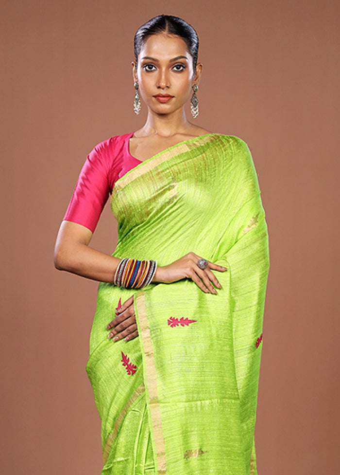 Green Handloom Matka Pure Silk Saree With Blouse Piece