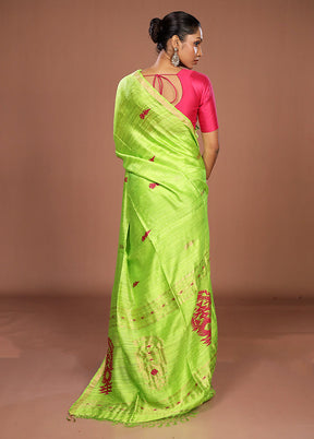 Green Handloom Matka Pure Silk Saree With Blouse Piece