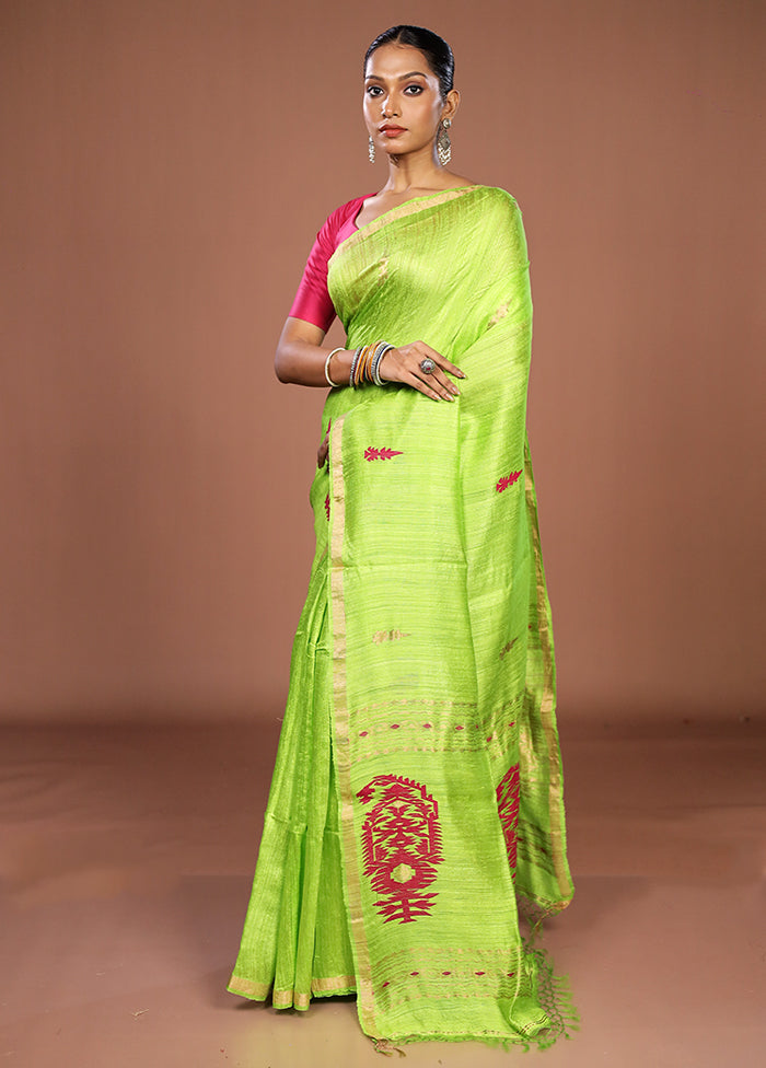 Green Handloom Matka Pure Silk Saree With Blouse Piece