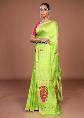 Green Handloom Matka Pure Silk Saree With Blouse Piece
