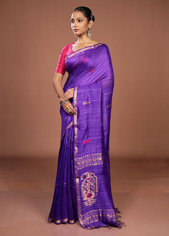 Purple Handloom Matka Pure Silk Saree With Blouse Piece