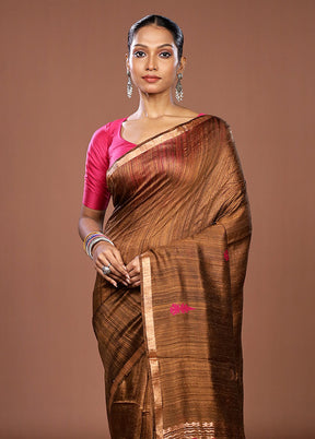 Brown Handloom Matka Pure Silk Saree With Blouse Piece