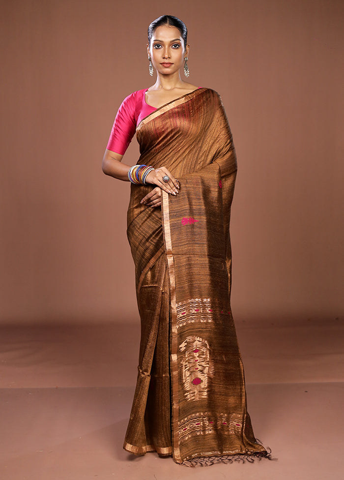 Brown Handloom Matka Pure Silk Saree With Blouse Piece