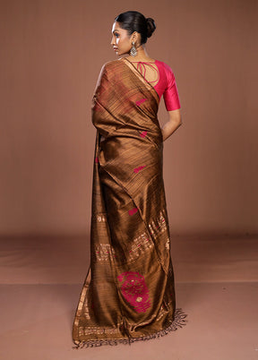 Brown Handloom Matka Pure Silk Saree With Blouse Piece