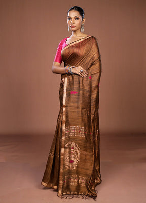 Brown Handloom Matka Pure Silk Saree With Blouse Piece