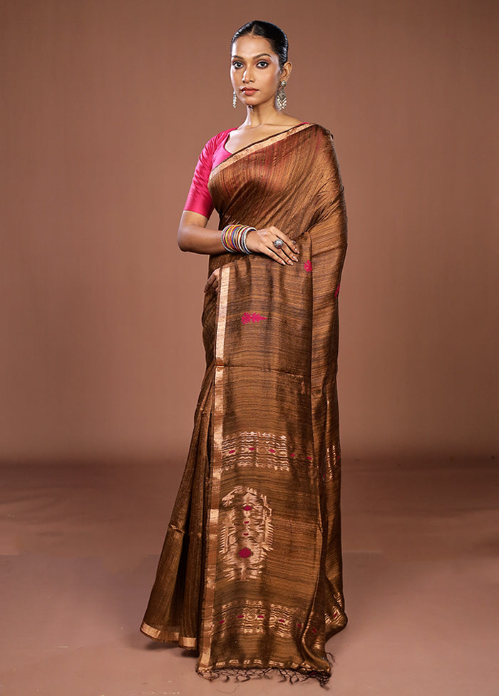 Brown Handloom Matka Pure Silk Saree With Blouse Piece