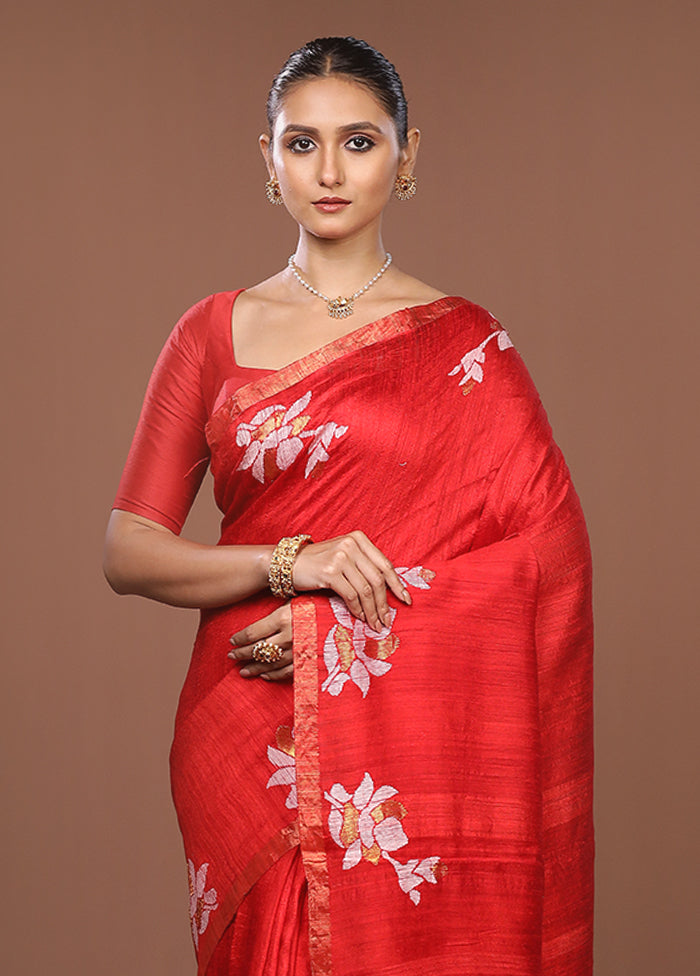 Red Handloom Matka Pure Silk Saree With Blouse Piece