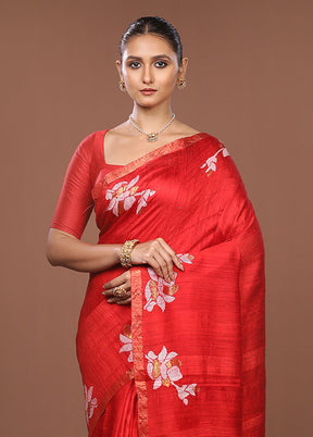 Red Handloom Matka Pure Silk Saree With Blouse Piece