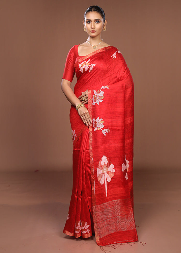 Red Handloom Matka Pure Silk Saree With Blouse Piece