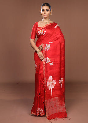Red Handloom Matka Pure Silk Saree With Blouse Piece