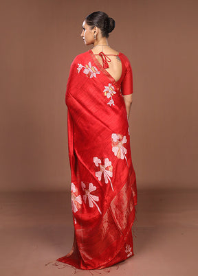 Red Handloom Matka Pure Silk Saree With Blouse Piece