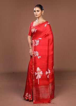 Red Handloom Matka Pure Silk Saree With Blouse Piece