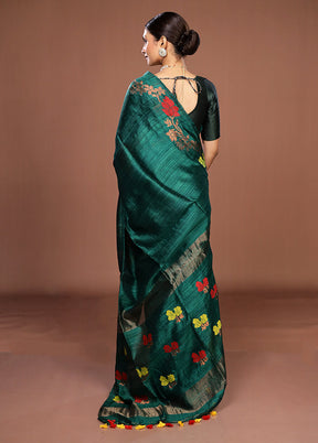 Green Handloom Matka Pure Silk Saree With Blouse Piece