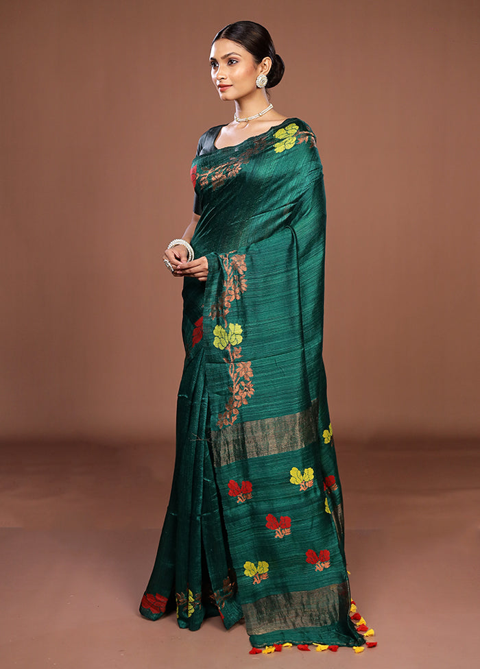 Green Handloom Matka Pure Silk Saree With Blouse Piece