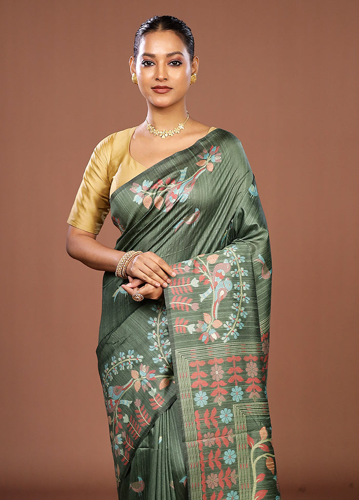 Green Dupion Silk Saree With Blouse Piece