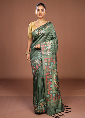Green Dupion Silk Saree With Blouse Piece