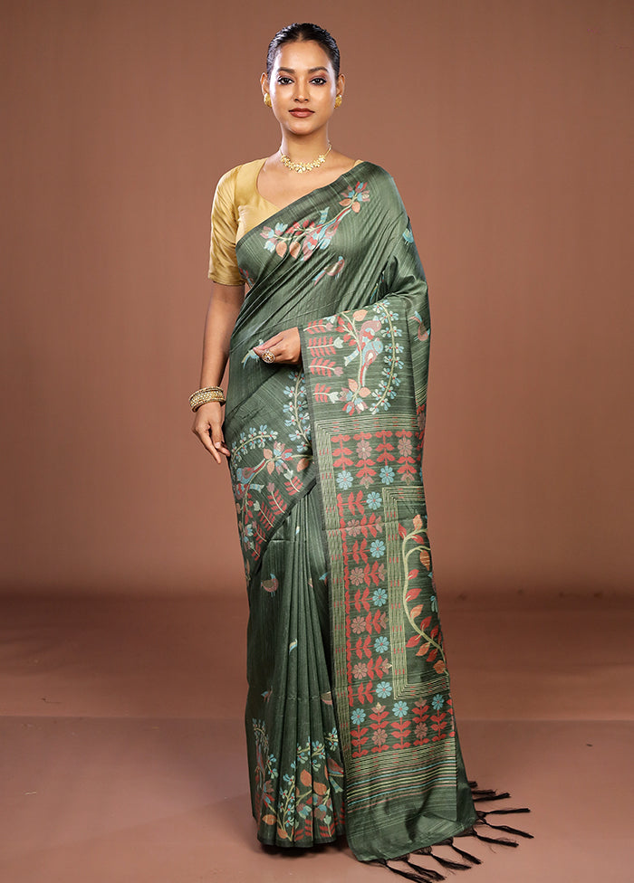 Green Dupion Silk Saree With Blouse Piece