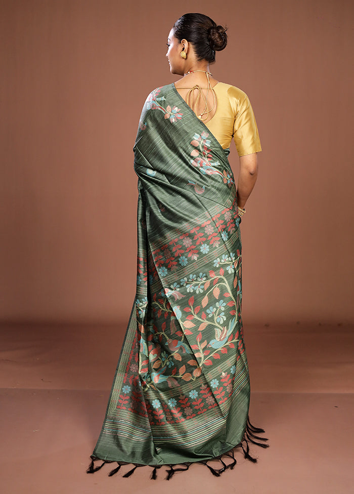 Green Dupion Silk Saree With Blouse Piece
