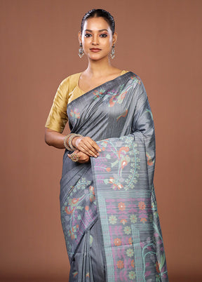 Blue Dupion Silk Saree With Blouse Piece