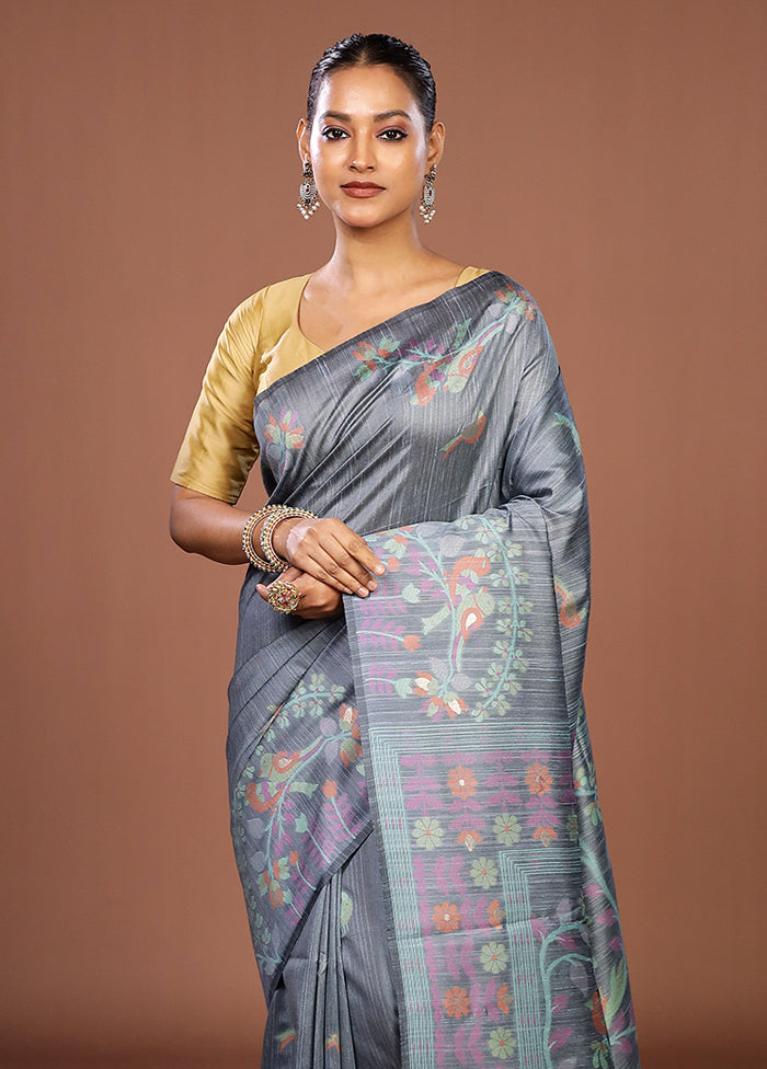 Blue Dupion Silk Saree With Blouse Piece